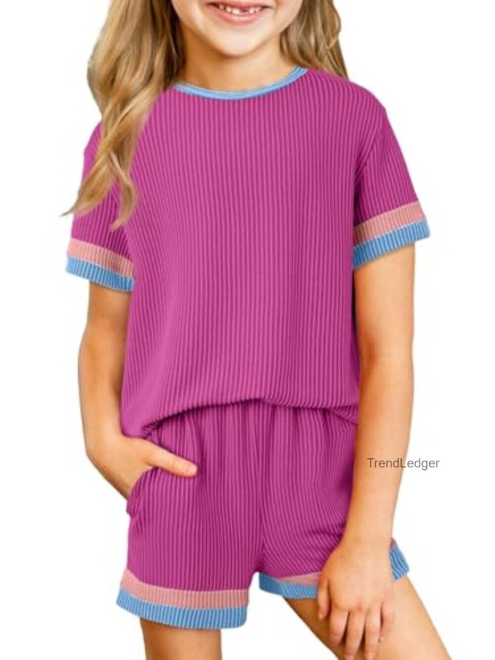 Girls Summer 2-Piece Outfit Textured Tee & Shorts Set Casual Playwear